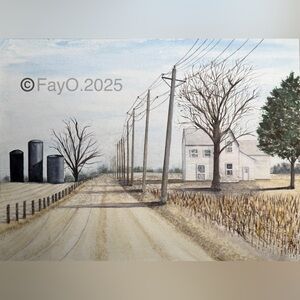 Original Signed Watercolor Country Road Landscape Painting